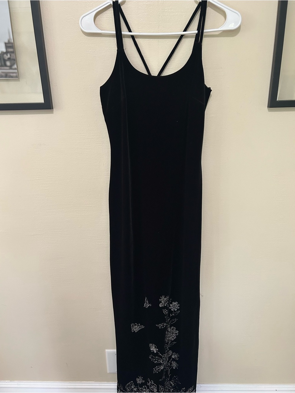 Vintage Y2k Black Velvet Slip Dress with Sparkle Floral